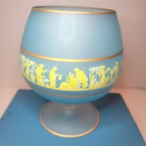 Large Blue Satin Snifter Vase with painted Greek mythology figures.